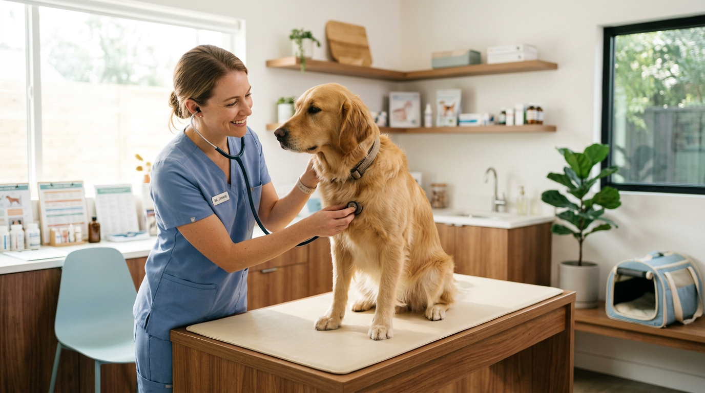 Veterinarian providing calm, gentle care for a dog in a modern clinic