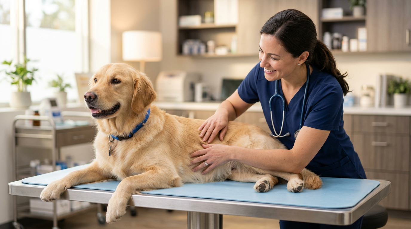 Happy dog receiving a wellness exam